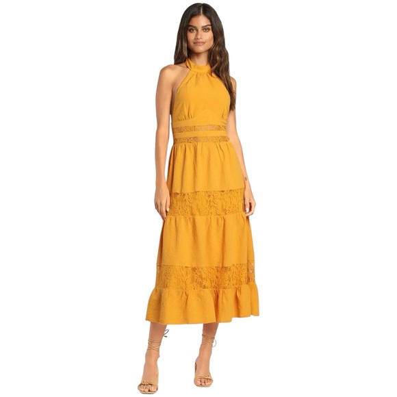 NWOT Lulus Marigold Lace Tiered Halter Midi Dress Size Small - Picture 1 of 9